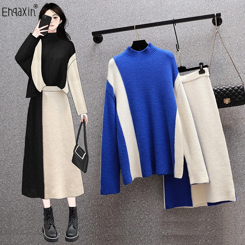 

EHQAXIN New Autumn Winter Women Sweater Dress Set Contrast Panel Half High Neck Sweater+Loose Casual High Waist Knit Skirt M-4XL