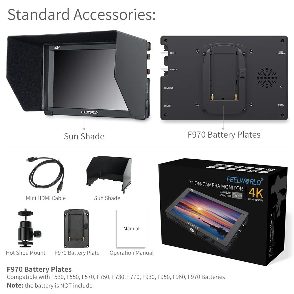 FEELWORLD FW703 7 Inch 3G SDI 4K HDMI Full HD 1920X1200 Màn Hình LCD IPS Trường Màn Hình Cho máy Ảnh DSLR Máy Ảnh Kỹ Thuật Số BMCC Ổn Định