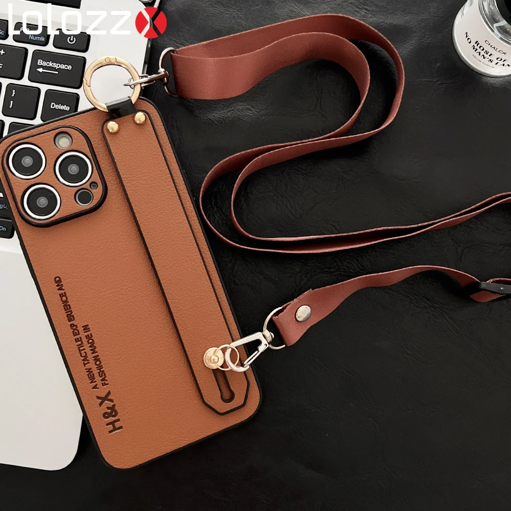 Luxury Litchi Leather Wrist Strap Stand Phone Cases For iPhone 15 14 Pro Max 13 12 Mini 15 Plus Necklace Crossbody Cord Cover