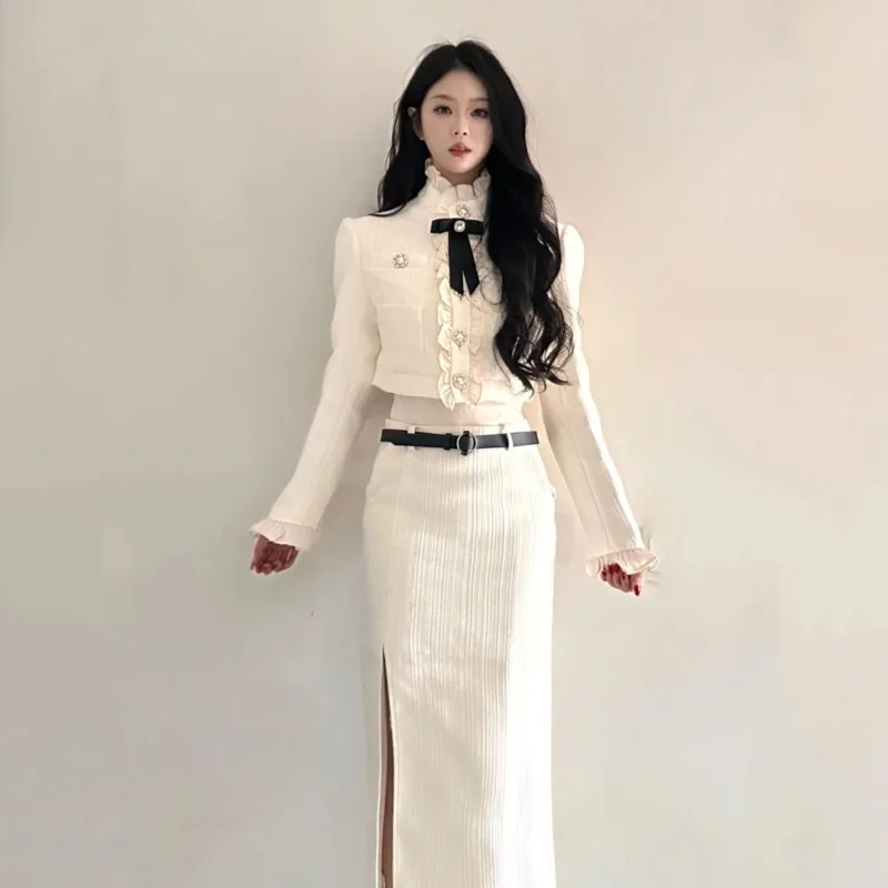 Korean Fashion Elegant Two-piece Skirt Set Women Crop Jacket Coat Bodycon High Waist Midi Skirt Autumn Winter New Luxury Outfits