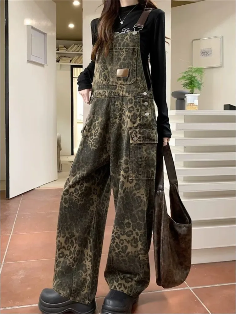 Pantalones vaqueros con patrón de leopardo Retro americano, pantalones de pierna ancha, pierna recta suelta, banda trasera, alto grado, Primavera,