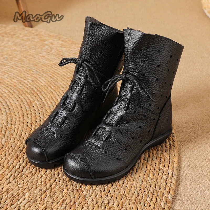 Women's Genuine Leather Hollow-out Mid-Calf Summer Boots Lace-Up Vintage Short Boots Breathable Comfortable Casual Shoes Female