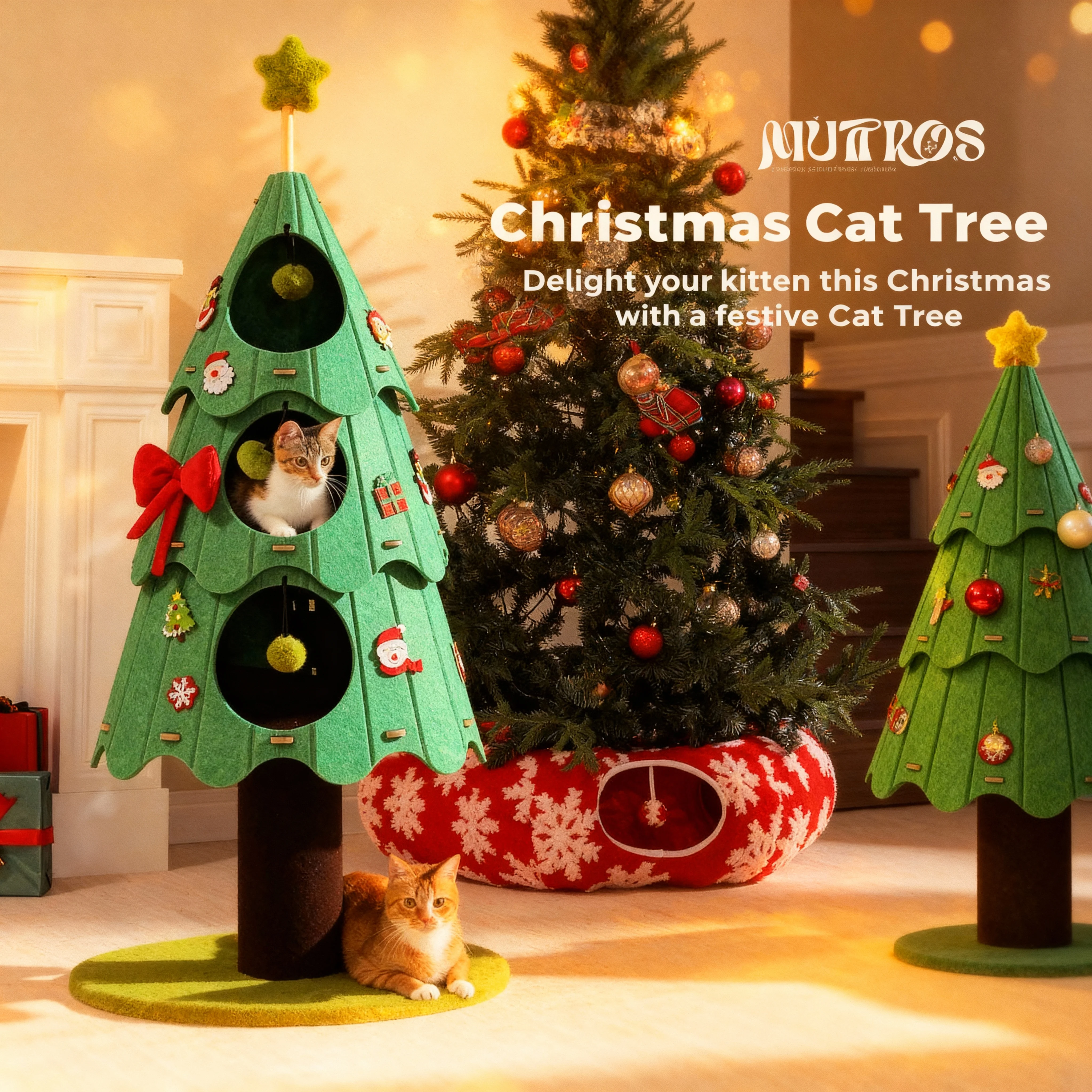 

Green Christmas Cat Tree with 3 Condos&4 Pompoms,Holiday Felt Stickers,Cat Beds for Indoor Cats,Cat Tower,Cat Toys,Cat Furniture