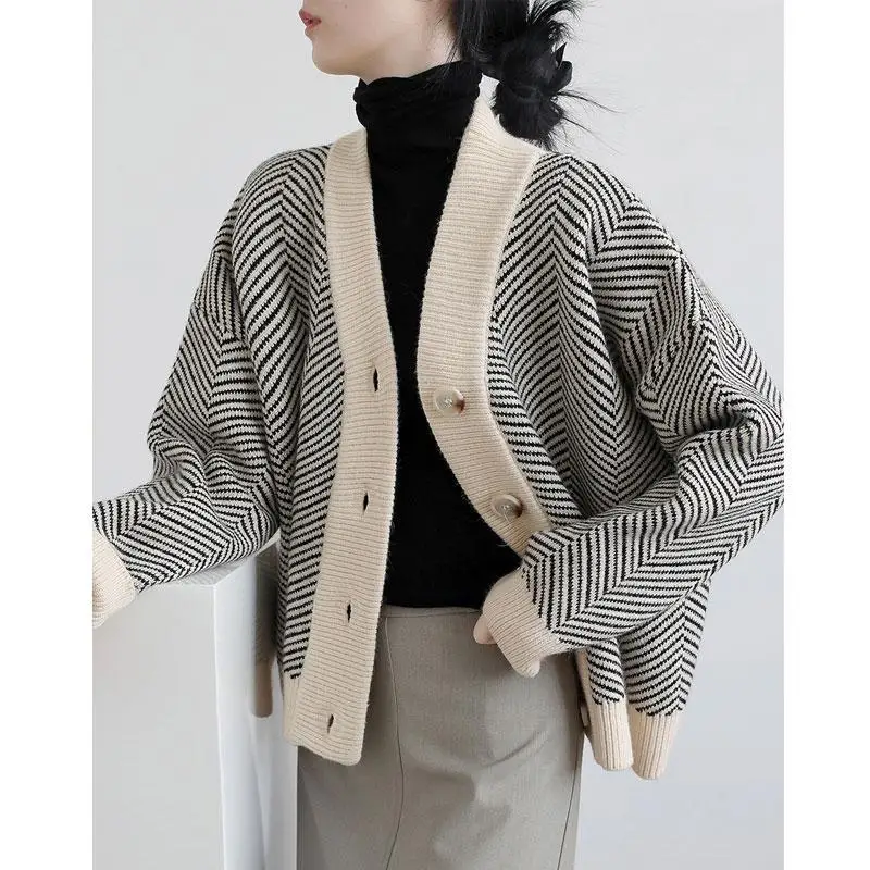 

Autumn Winter Women Clothing Sweater Coat V-Neck Striped Button Vintage Fashion Casual Loose Long Sleeve Knitted Cardigan Tops