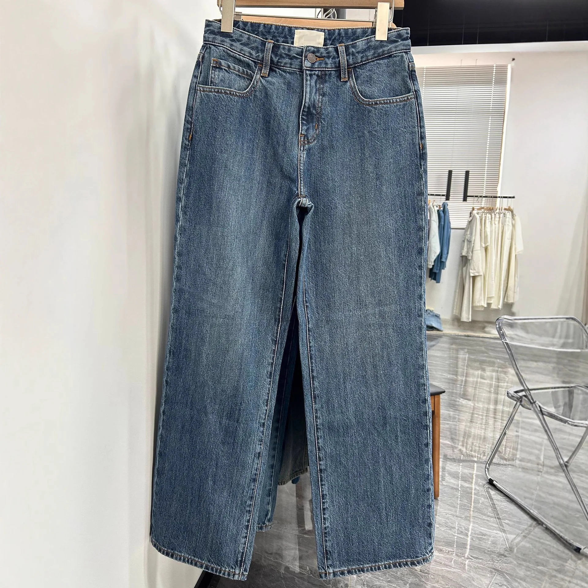 

Women Mid waist jeans retro blue wide leg straight leg denim pants