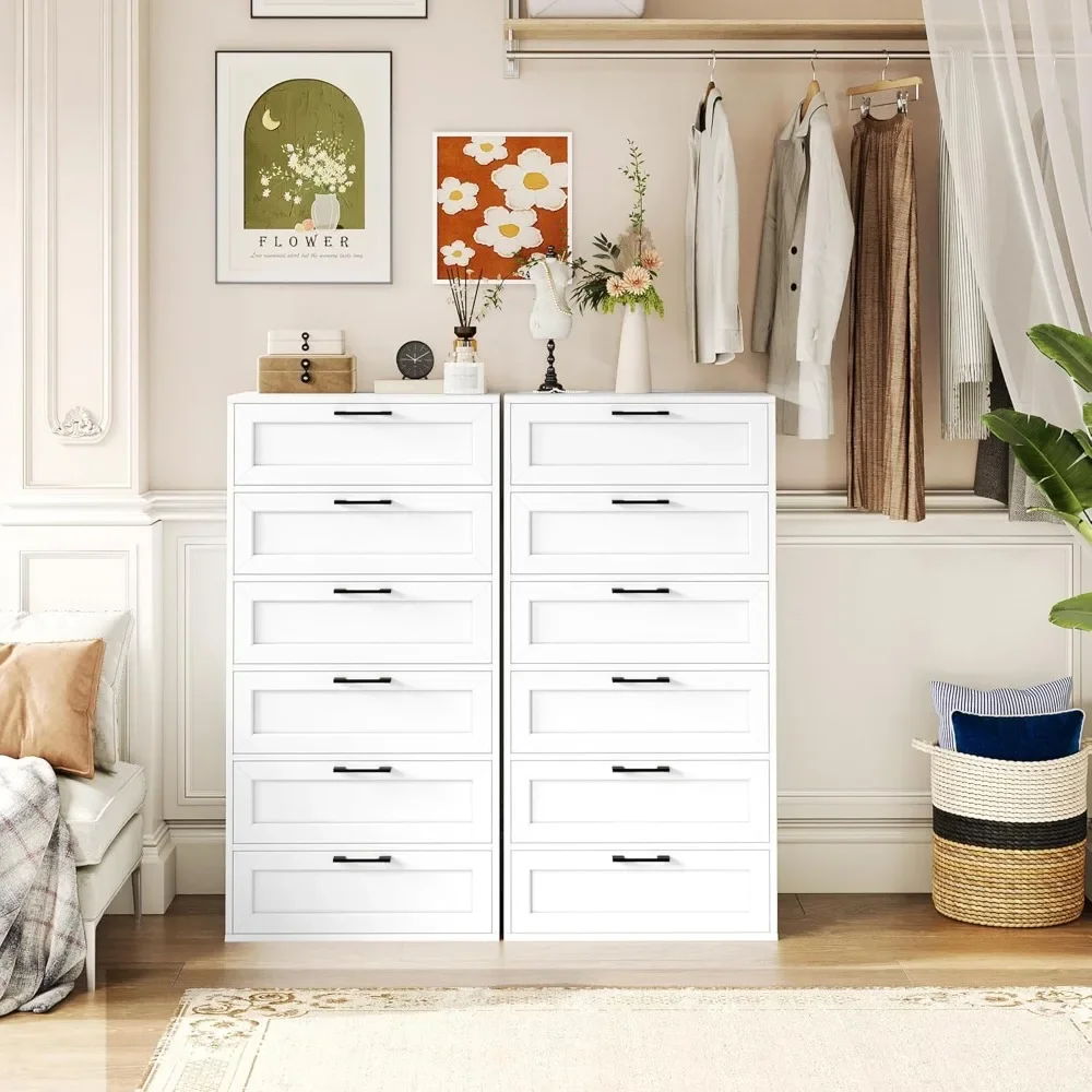 Dresser for Bedroom, White Dresser with 6 Drawers, Trapezoidal Design Dresser Chest of Drawers for Bedroom, Wood Tall Dressers