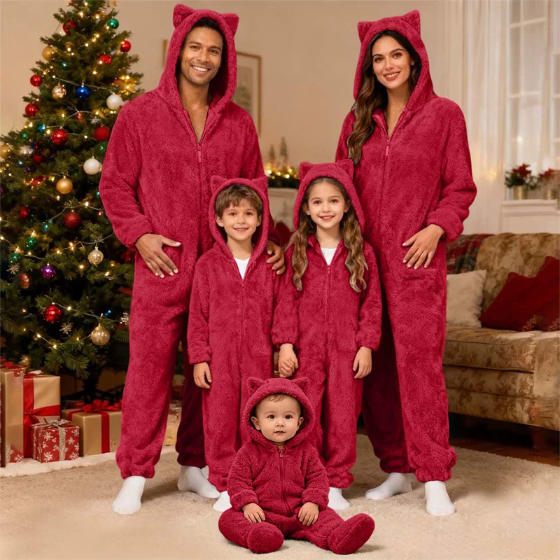 Family Christmas Pajamas Jumpsuit Parent-Child Flannel Warm Outerwear Father Mother Hooded Homewear