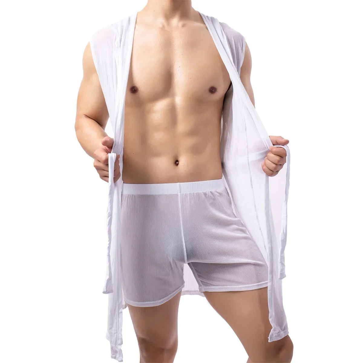 Mens Bath Robes Sexy Pajamas Sleepwear Kimono Hombre Hooded Bathrobe Mens Bath Summer Dress Bath Robe Boxers Underwear Nightgown