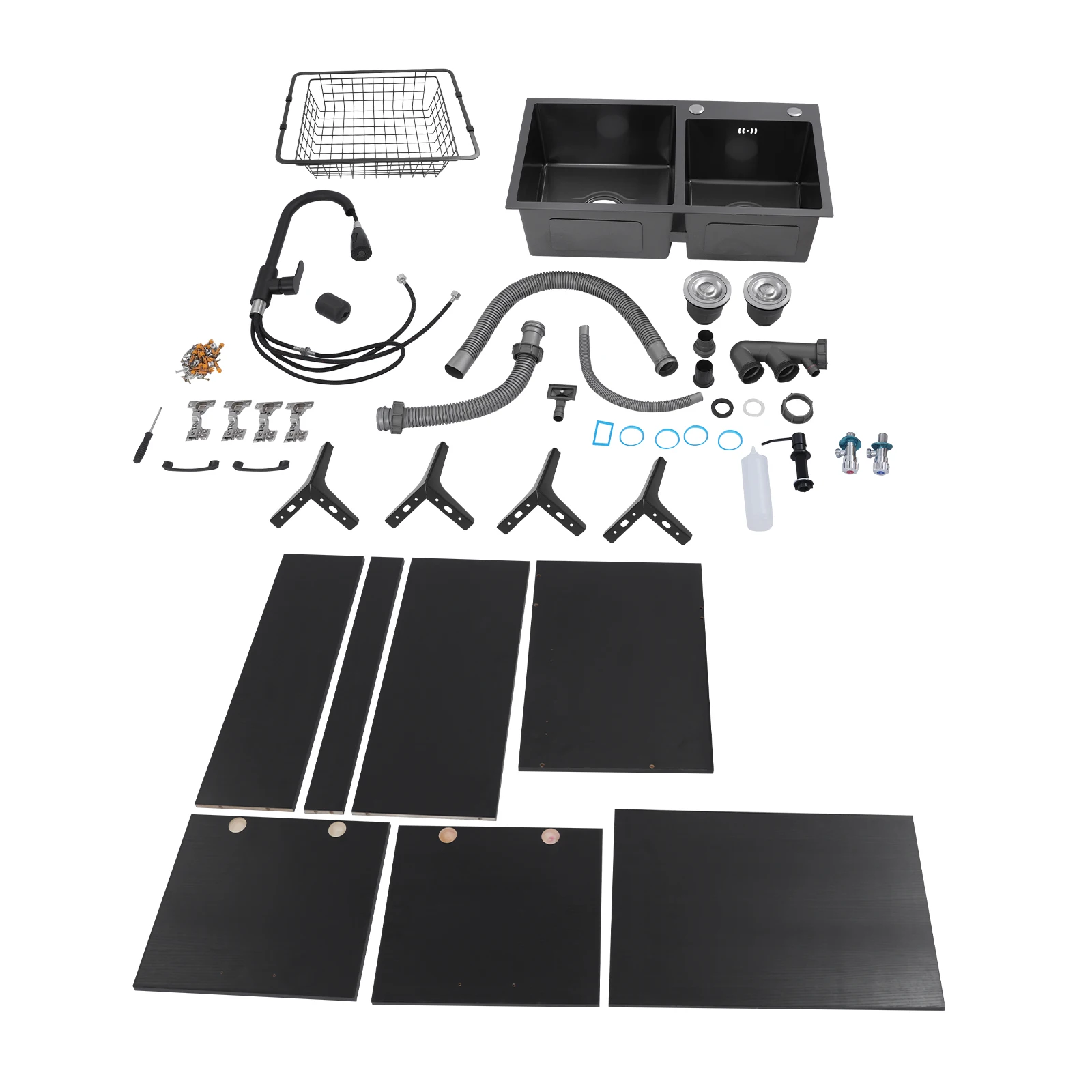 خزانة بالوعة، مجموعة كاملة من المطابخ المصنوعة من الفولاذ المقاوم للصدأ بالوعة سوداء، حوض أخدود مزدوج، صنبور قابل للسحب، سلة تصريف، أنابيب تصريف