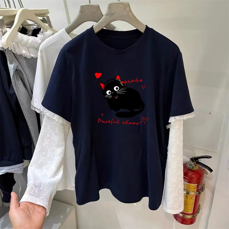 

Летний тонкий топ унисекс с мультяшным принтом, свободного кроя, с круглым вырезом, имитация двухслойного дизайна, для уличного и повседневного стиля...