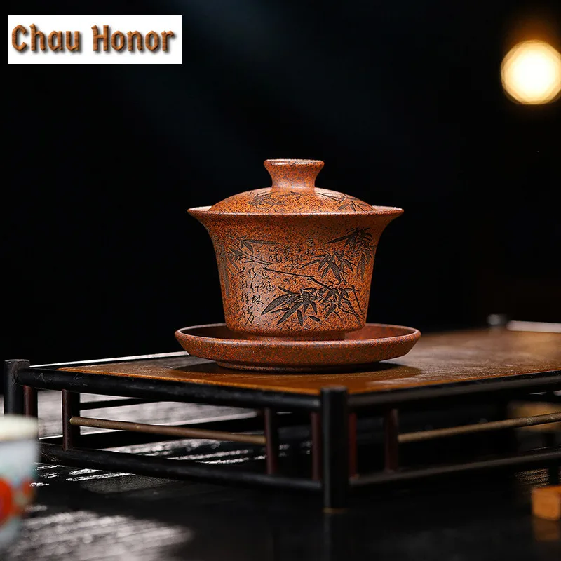 

175ml Handmade Wood-fired Purple Clay Gaiwan Tea Tureen Bamboo Tea Bowl With Lid Kit Tea Making Cover Bowl Tea Services Gifts