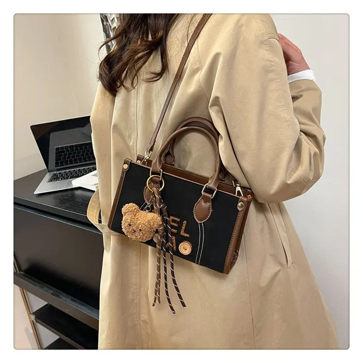 

Women's Sweet Style Boston Handbag 2026 New Arrival Bear Charm Embroidery Letter Elegant Shoulder Crossbody Purse