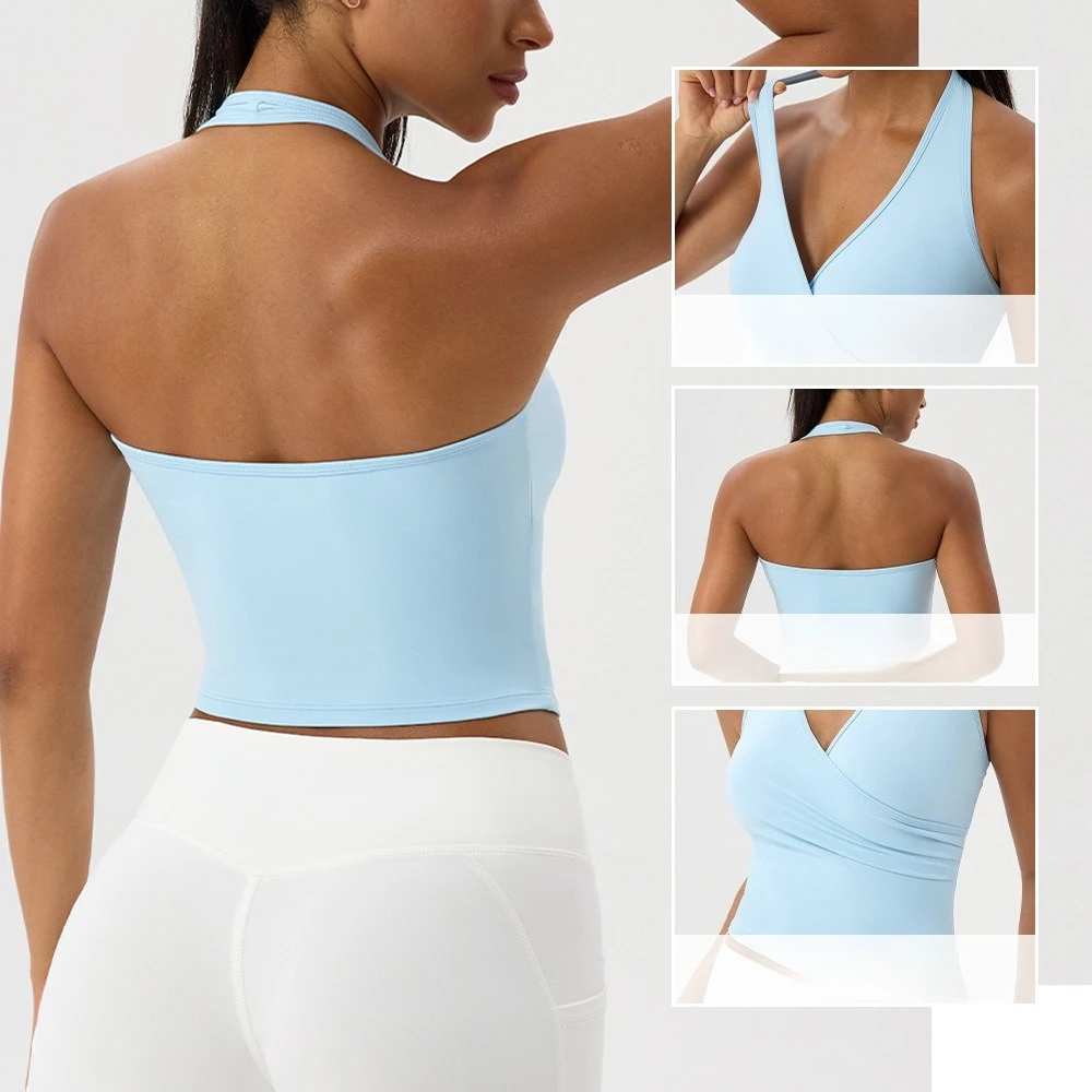 Women's Halter V Neck Yoga Tank Top Nude Feeling Quick Dry Breathable Fitness Running Sports Top view 4