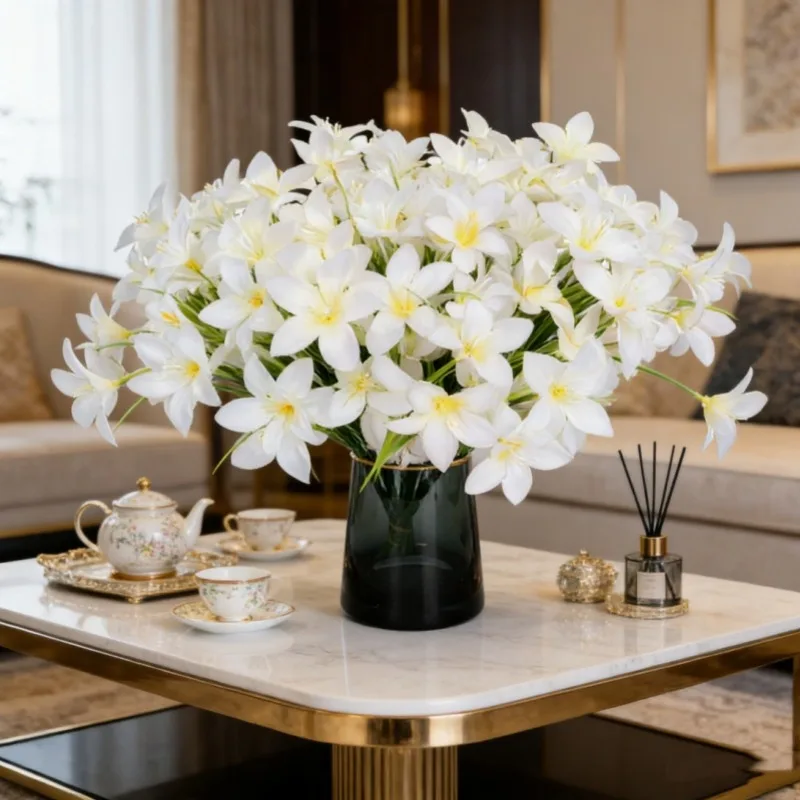 

20 шт. Искусственные цветы: букет магнолий и лилий, имитация шелковых цветов, для декора ресторана, фиолетовые лилии, зеленые растения, искусственные цветы