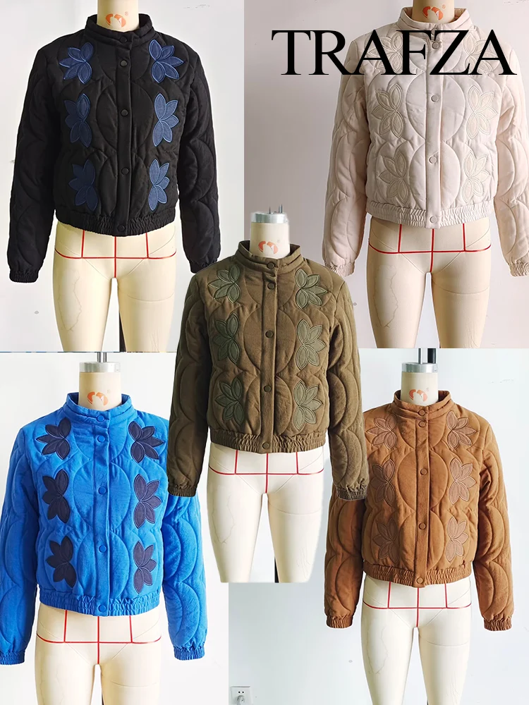 

TRAFZA Women's Autumn Winter Fashion Warm 5-Color Positioning Quilted Cotton Embroidered Coat Female Vintage Long Sleeve Jacket