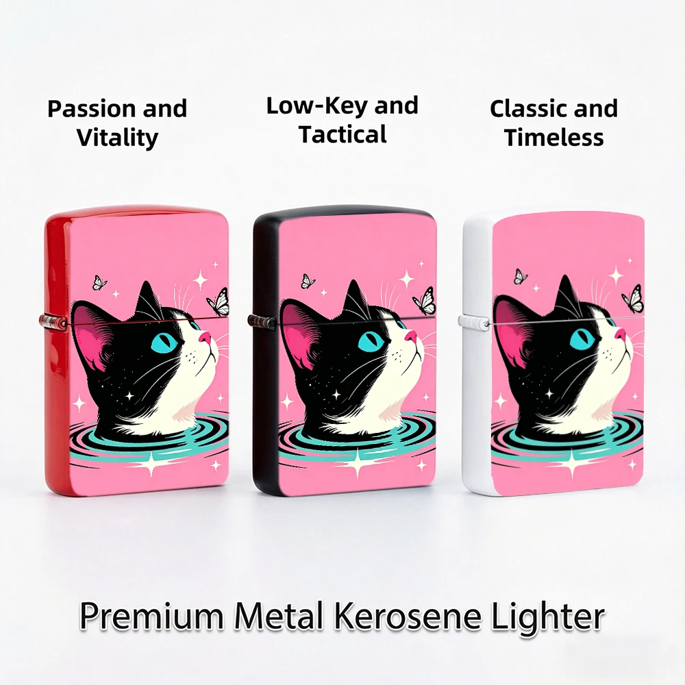 Vintage Flip Top Lighter lighters vintage Pop Art Tuxedo Cat With Butterfly Sparkle Art Print lighters for smokers Collectible