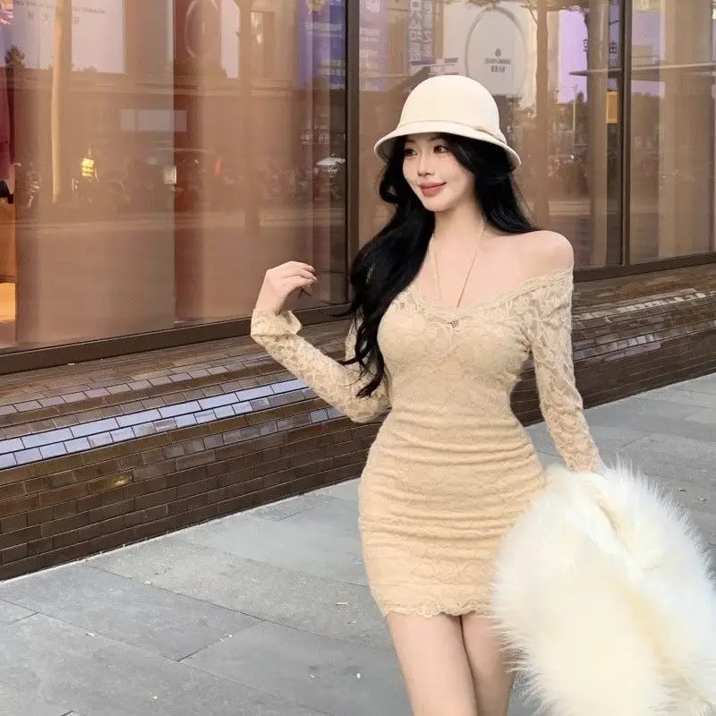 שמלת כלה לבנה-שמלת שרוולים ארוכים לנשים תחרה שחתוך חצאית קצרה גוף-slimming-חצאית ירך