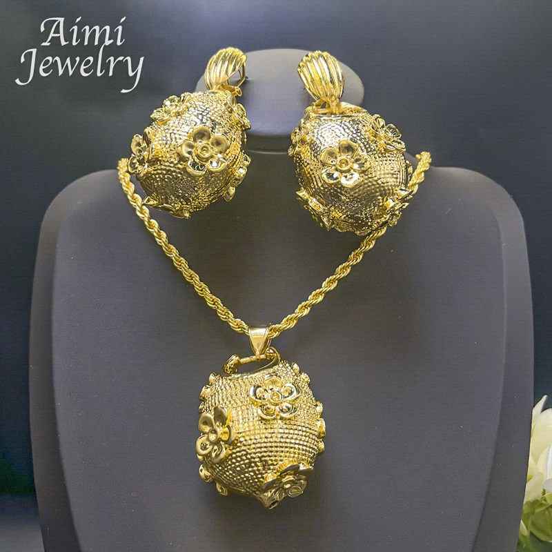 

Dubai 24K Gold Plated Jewelry Set for Women Popular Flower Ball Pendant Necklace Earrings African Bridal Party Wedding Gifts