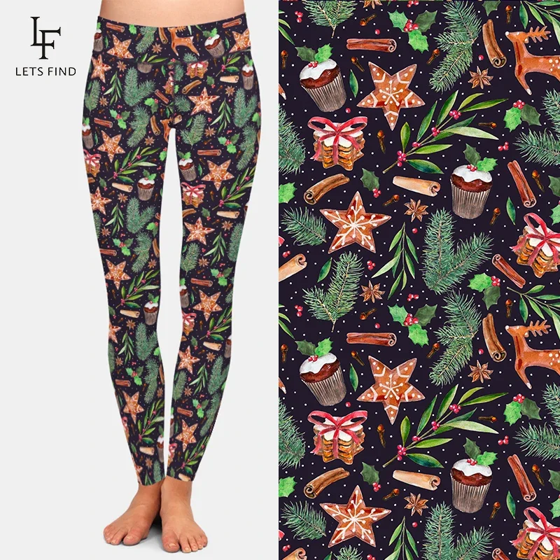 LETSFIND Baru Datang Celana Panjang Elastis Legging Kebugaran Wanita Pinggang Tinggi Motif Cetak Digital Roti Jahe Natal