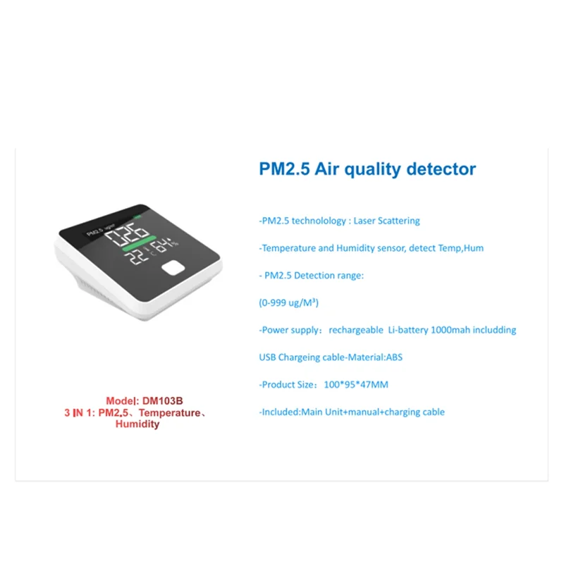

A13E-DM103B Portable Digital Air Quality Detector PM2.5 CO2 Tester Portable Digital Air Quality Detector