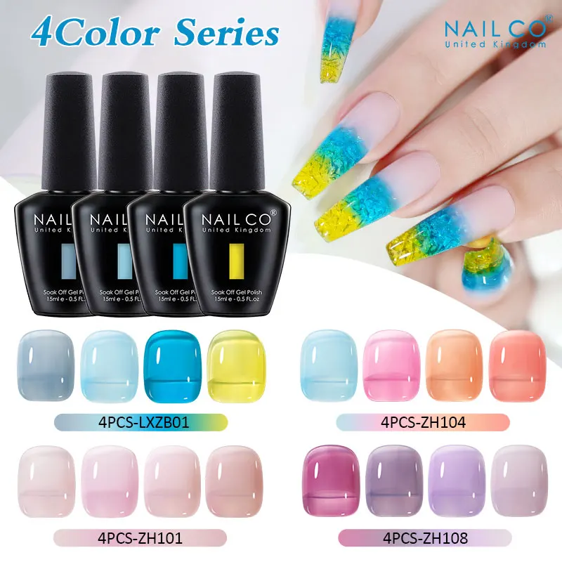 

NAILCO 4 цвета серии Jelly Glass Гель-лак для ногтей Набор 15 мл Полупрозрачный конфетный телесный гель Полуперманентный замачиваемый УФ-светодиодный лак
