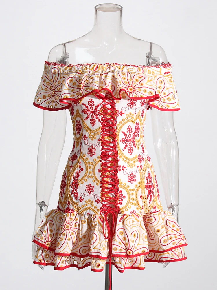 VGH Fora Do Ombro Strapless Vestidos Para As Mulheres de Slash Neck Borboleta Manga Alta Wasit Patchwork Ruffles Mini Emagrecimento Vestido Feminino