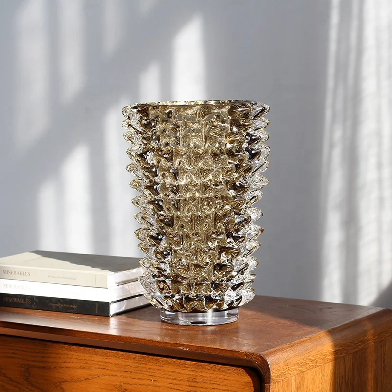 

Handmade Mouthblown Crinkled Sculptural Texture Glass Vase Khaki Color Triangle Prisms Spiky Thorn Design Thick Vases