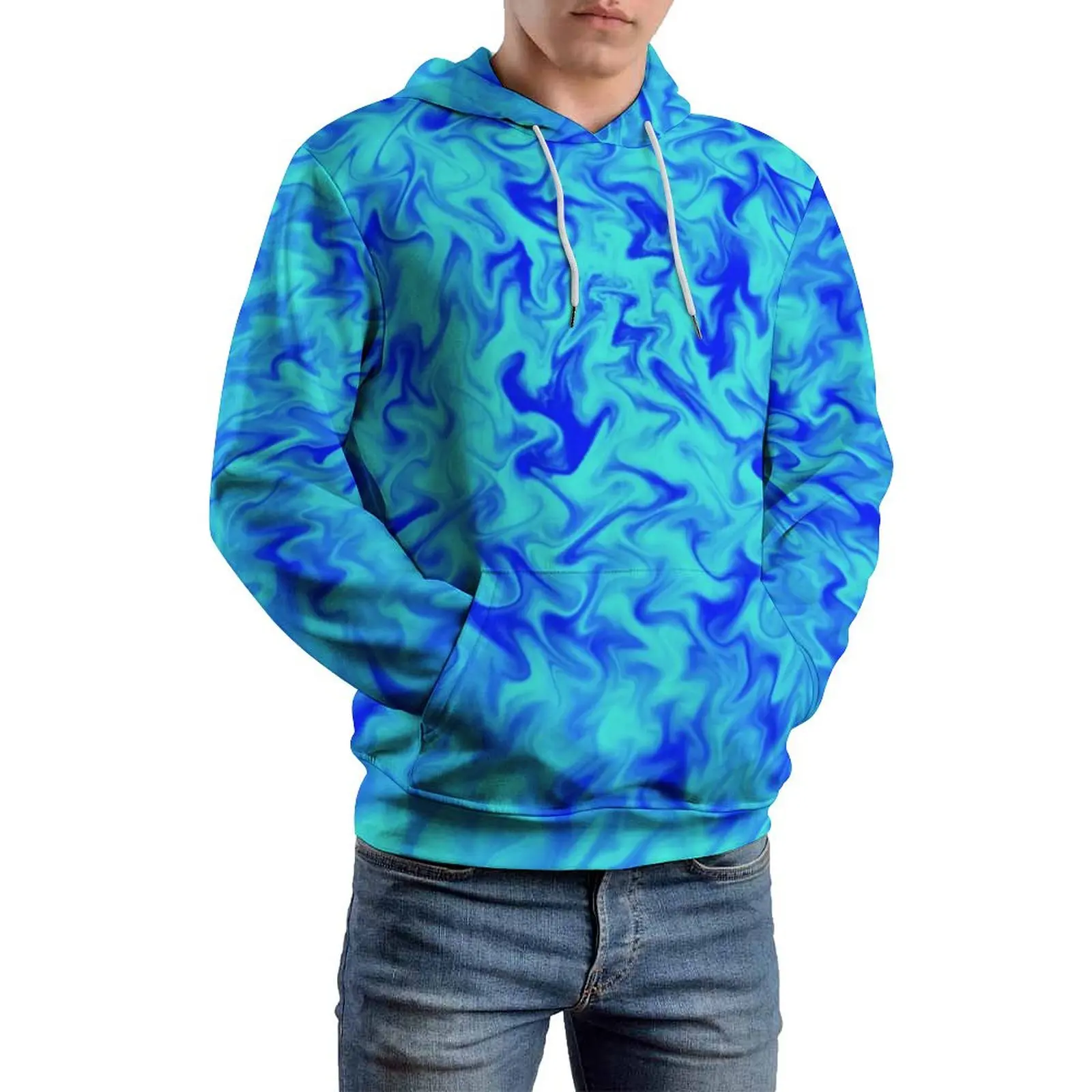 Tie Dye Print Casual Hoodies Long-Sleeve Blue Fire Retro Hoodie Autumn Street Wear Graphic Oversized Sweatshirts