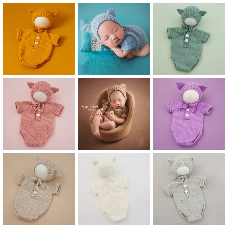 0-6M Baby Photography Clothes Suit Short Sleeve Knitted Romper+Hat Newborn Baby Photography Props