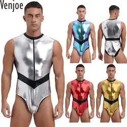 Mens Galaxy Astronaut Cosplay Costumes Metallic Shiny Spaceman Bodysuit Front Zipper Leotard Sleeveless Catsuit for Halloween