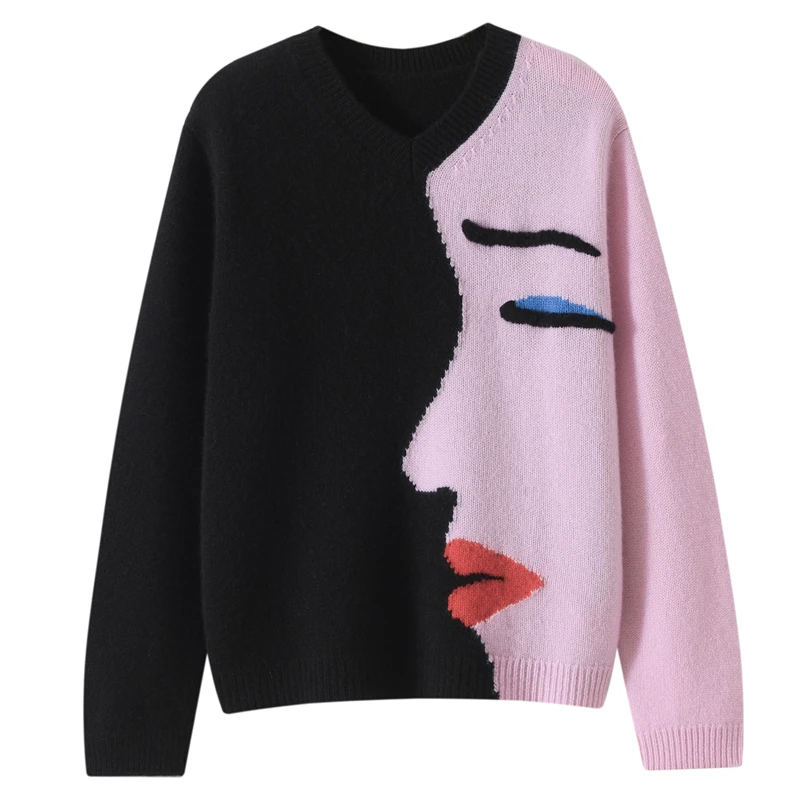 Women's round neck color matching pure cashmere sweater fashion contrast sweater