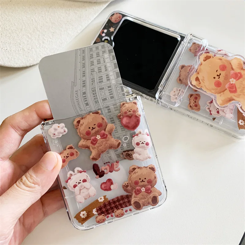 Coque de téléphone avec support ours en peluche mignon, coque de protection arrière pour Samsung Galaxy Z Flip 6, 5, 4, 3, ZFlip4, ZFlip5, ZFlip6
