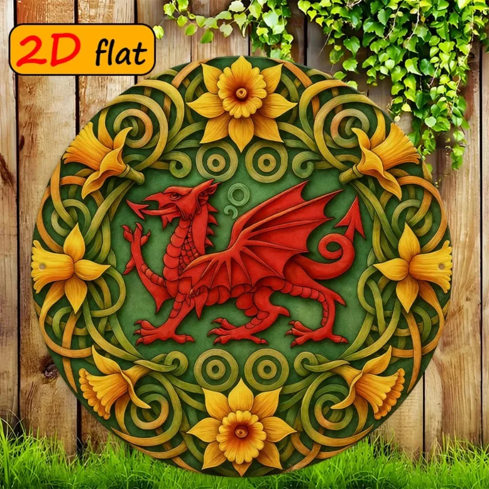 Aluminum Metal Wall Art, Red Green Yellow Dragon Daffodil 20x20 cm for Study Dining Room