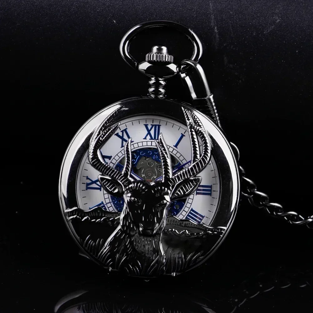 

Steampunk Black Goat Head Display Mechanical Pocket Watch Men Blue Roman Numerals Dial Vintage Fob Chain Pendant Timepiece Gifts