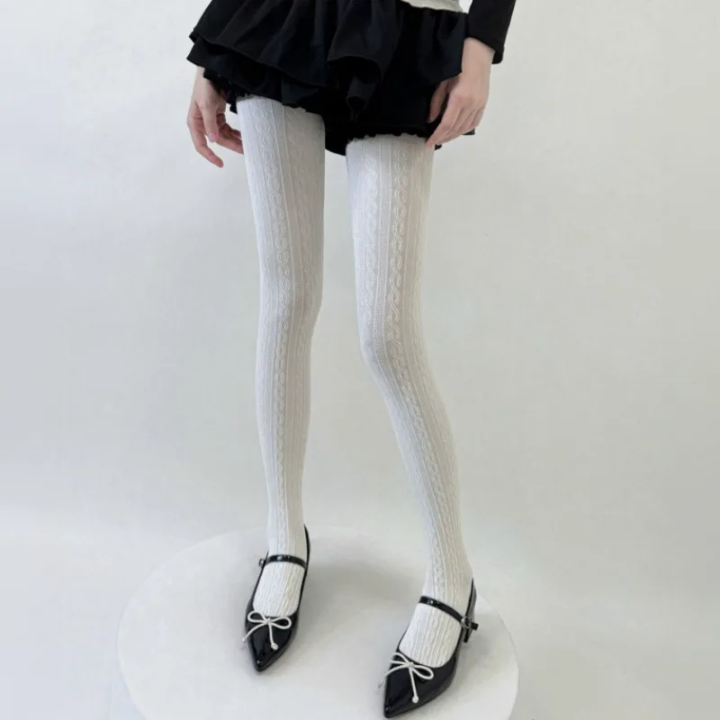 1 Pasang Stoking Rajut Katun Vintage Lolita untuk Wanita dan Gadis, Musim Gugur Musim Dingin, Berlubang, Bergaris, Seksi dan Imut