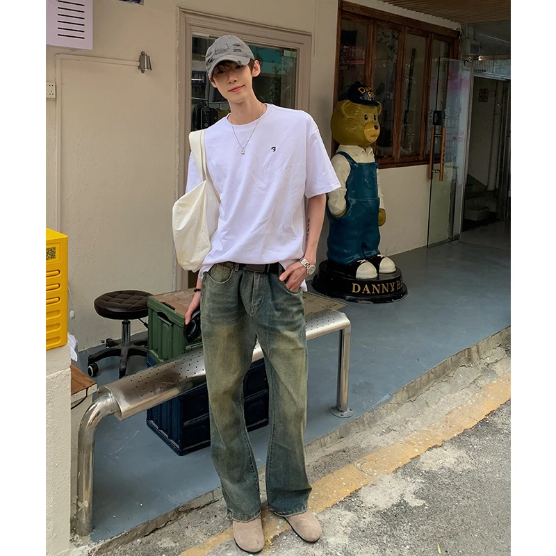 

Retro American Blue Jeans Men's Summer High Street Cool Knife Flared Straight Leg Pants Youth Trendy Straight Fit Jeans