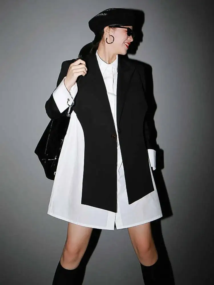 Split Cross Women Black Joint Blazer New Lapel Long Sleeve Loose Fit Jacket Fashion Spring Autumn 2026 SZ5W
