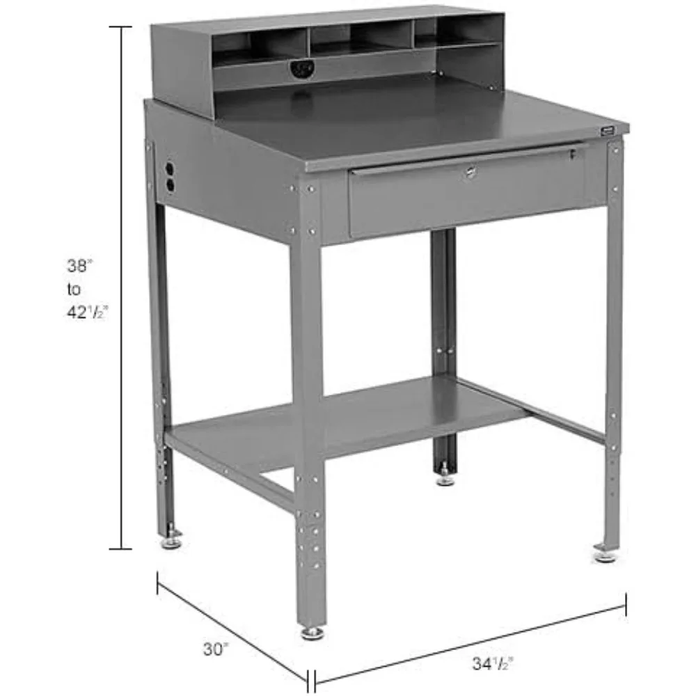 مكتب متجر صناعي منحدر مع مقصورات ثقب الحمام ودرج قفل أسطواني، 34-1/2 عرض × 30 عمق × 38 إلى 42-1/2 ساعة، مسحوق رمادي Coa #2