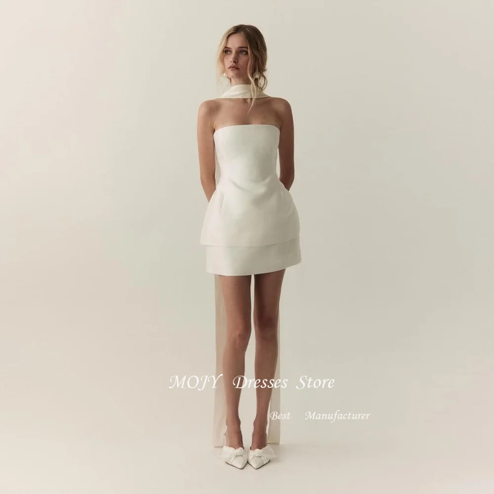 

Mojy Elegant Strapless Short Prom Cocktail Dress Pleated Ivory Mini Wedding Party Gown with Scarf Satin Summer Customized