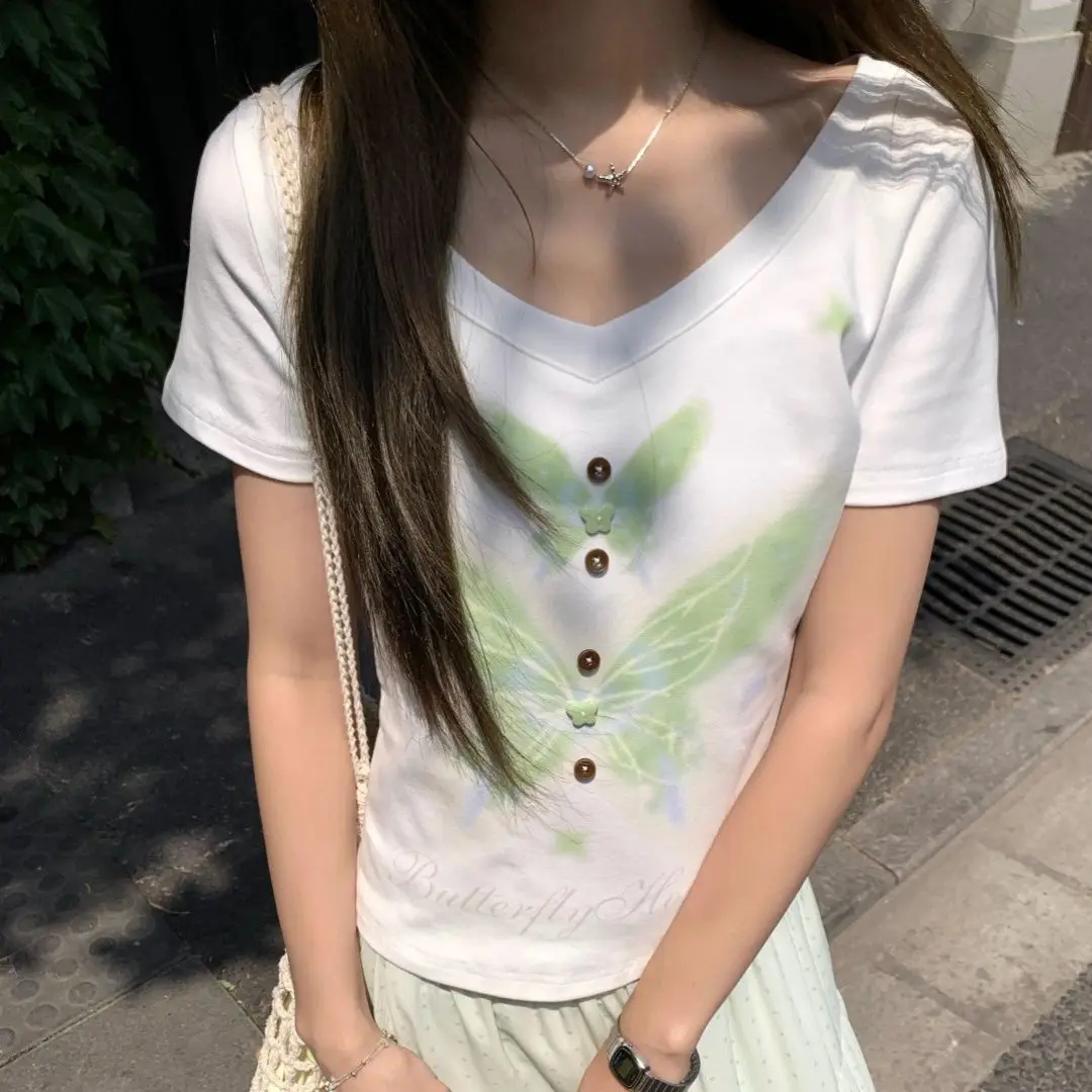 

Onalippa Dopamine Straight Shoulder Embroidery Butterfly Printed Short Sleeve T-Shirt Summer Makeup Skinny White Babe Short Top