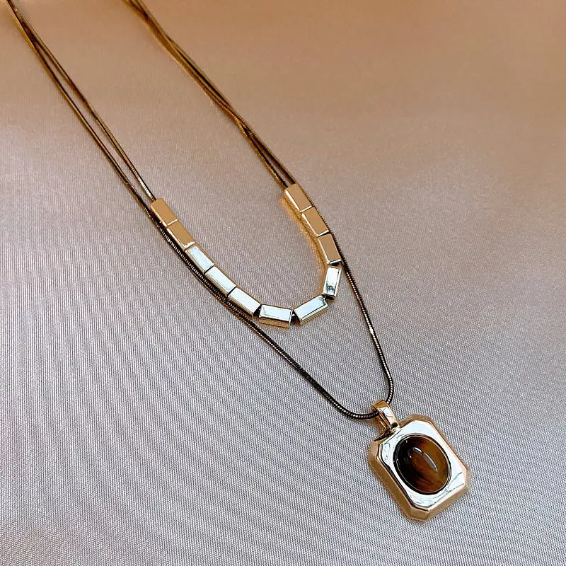 Schwarzgoldfarbene Doppelschichtige Tigerauge-Stein-Anhängerkette für Damen, Herbst-/Winter-Pulloverkette, Schmuckzubehör-Set – Detail 10
