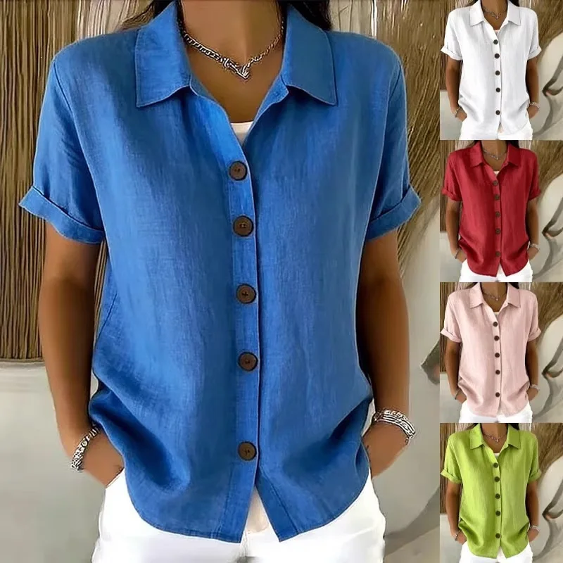 Women's Elegant Summer Cotton Linen Tops Short Sleeve Lapel Button Up Solid Color Loose Shirt Women Casual Blouse Cardig