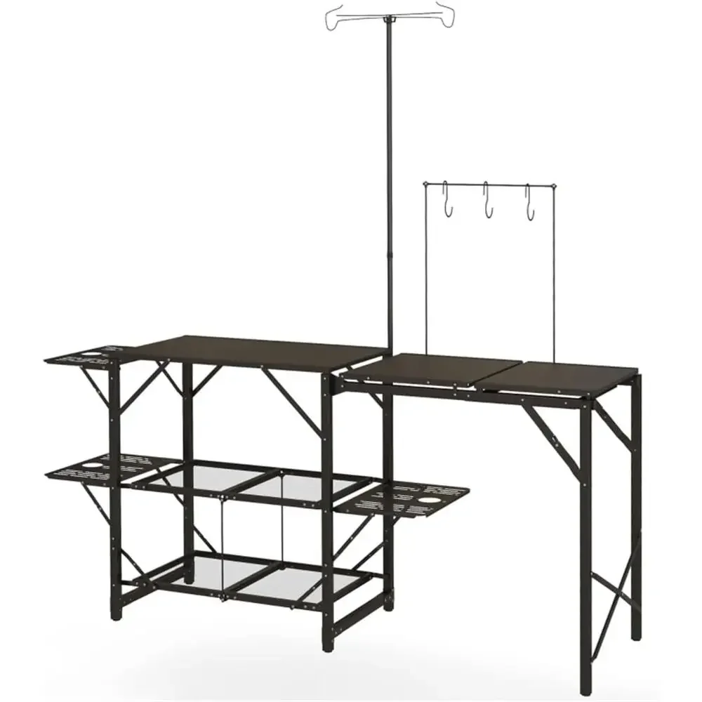 Portable Outdoor Camping Kitchen Station with Grill and Side Tables, Ideal for BBQs and Beach Parties