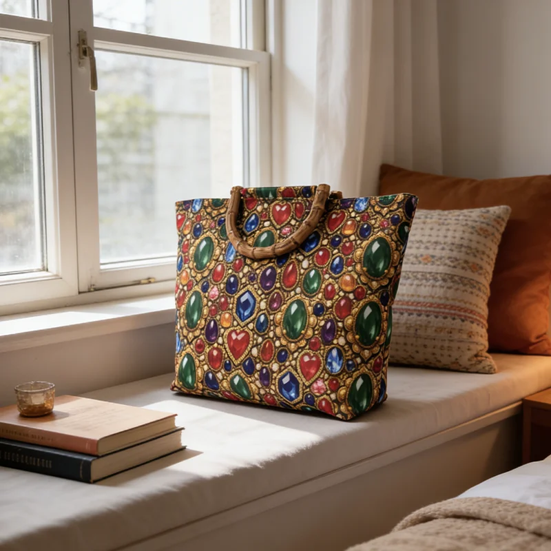 2D Damen Vintage Einkaufstasche mit Edelstein-Print und Großer Kapazität, mit Imitations-Bambusgriff, Leichte Luxus-Handtasche – Detail 5