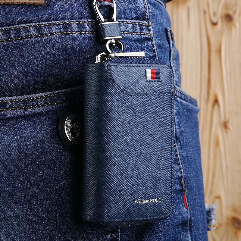 williampolo-men's-key-case-leather-zipper-multifunctional-key-holder-ultrafibre-synthetic-leather-letter-pattern-new-condition