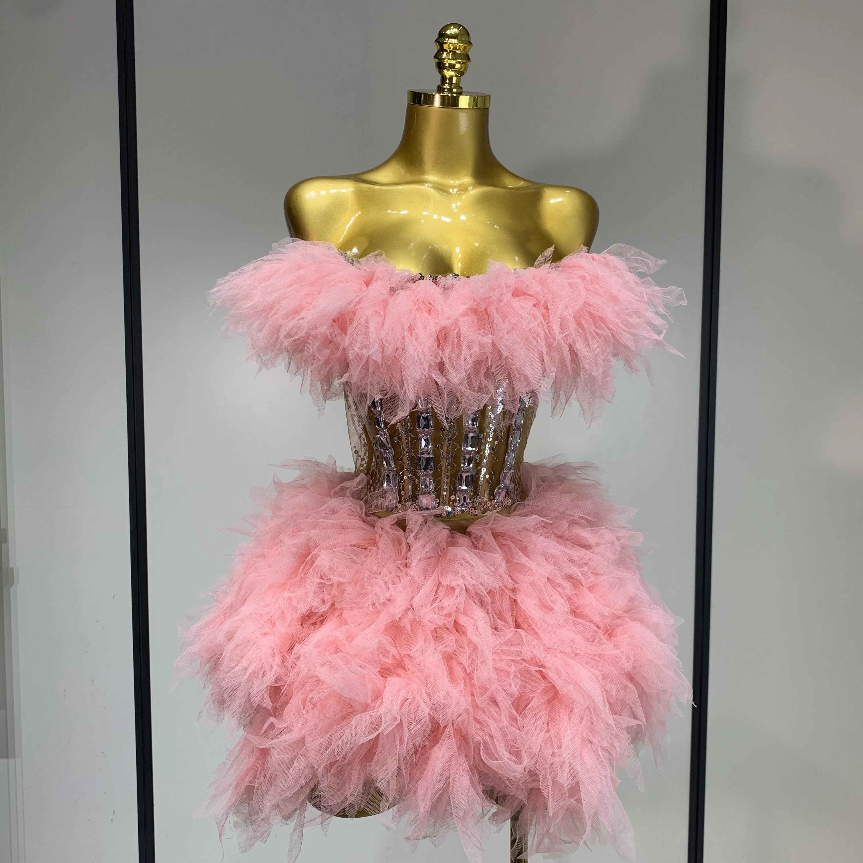 women's light pink strapless dress for a birthday party Women Sexy Strapless Mesh 2 Pieces Set Celebrity Nightlcub Party Birthday  Photo Shoot Outfit 2025 Prom Gown Birthday Dress