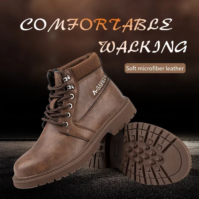 Leather Water Proof Safety Work Shoes For Men Steel Head  Boots Male Footwear Indestructible Construction Work Shoes Brown 1Pair