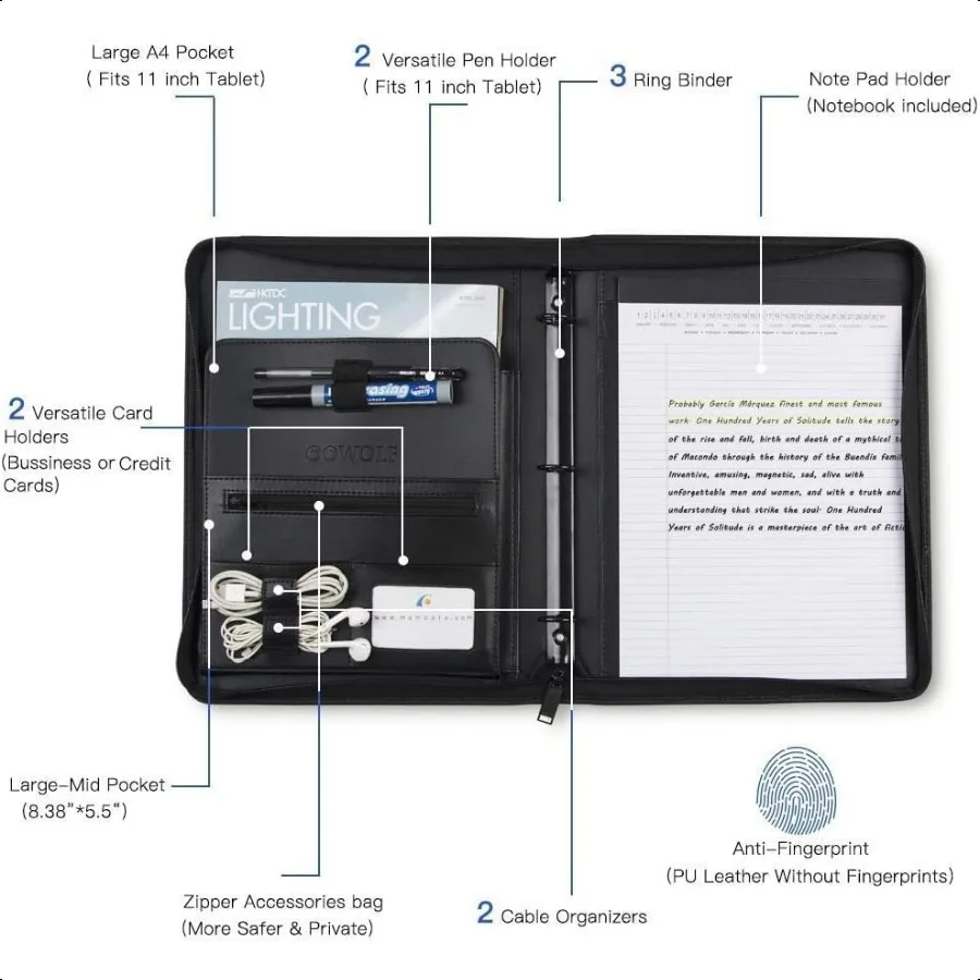 Padfolio Portfolio Folder PU Leather Profional with Round Ring Binder 8.5 x 11 Inch Writing Pad Tablet Sleeve Interview Resume