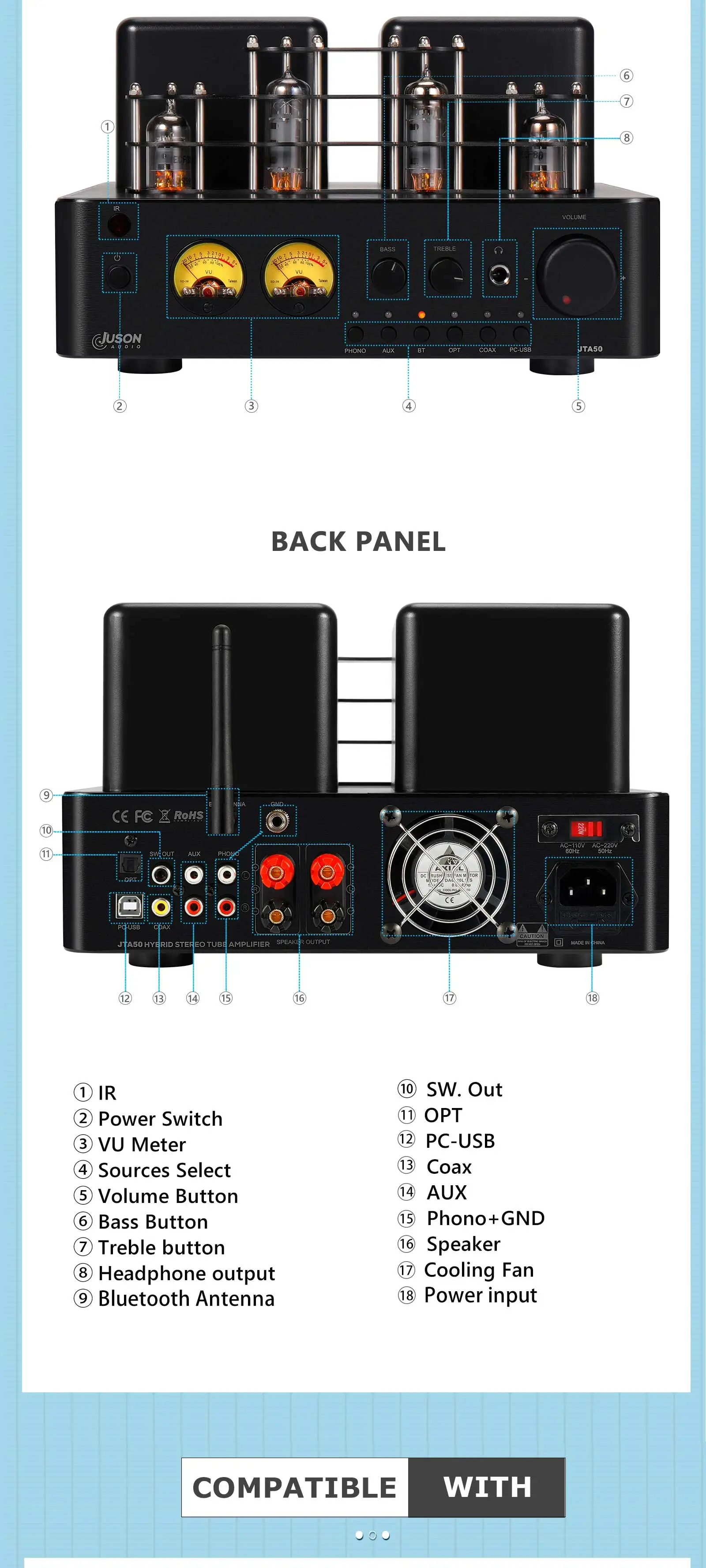 Juson Audio JTA50 Röhren verstärker Hifi Vakuum Blue Tooth Hybrid Stereo Sound USB RCA Opt Remote Phono 2,1 W Kanal für Plattens – Detail 6