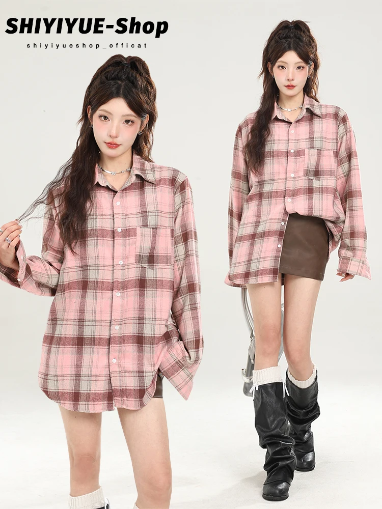 

Pink Plaid Loose Women's Shirt Spring Summer Design Casual Style Sun Protection Outerwear Classic Stand Collar Long Sleeve